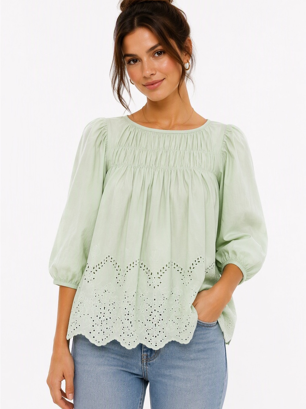 Anthropologie Moon River Mint Green Eyelet Smocked Peasant Blouse S